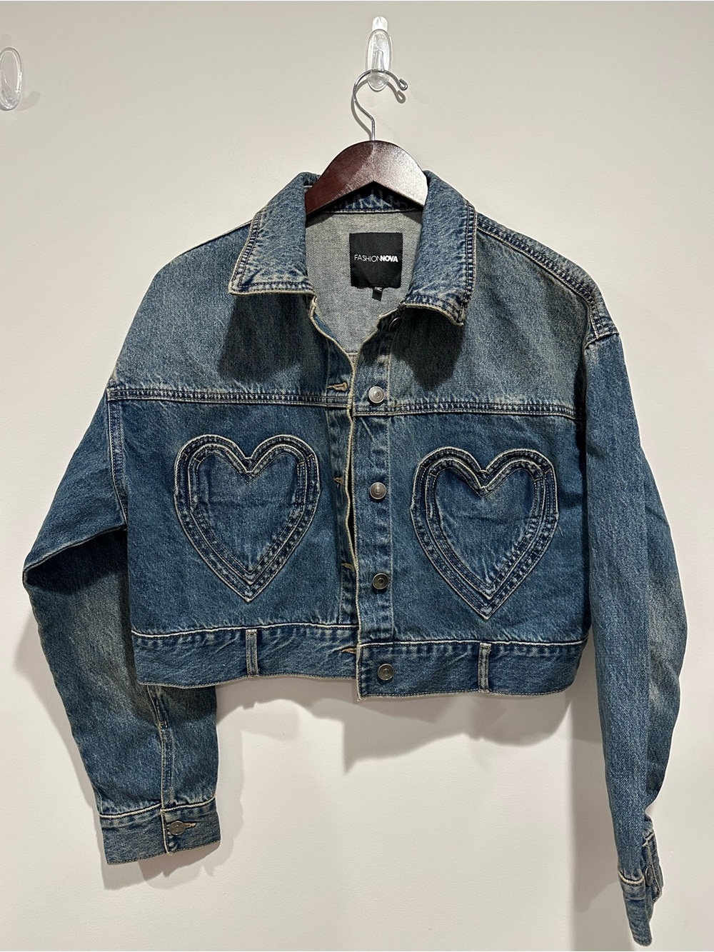 Fashion Nova Blue Cropped Denim Jacket with Heart Patches